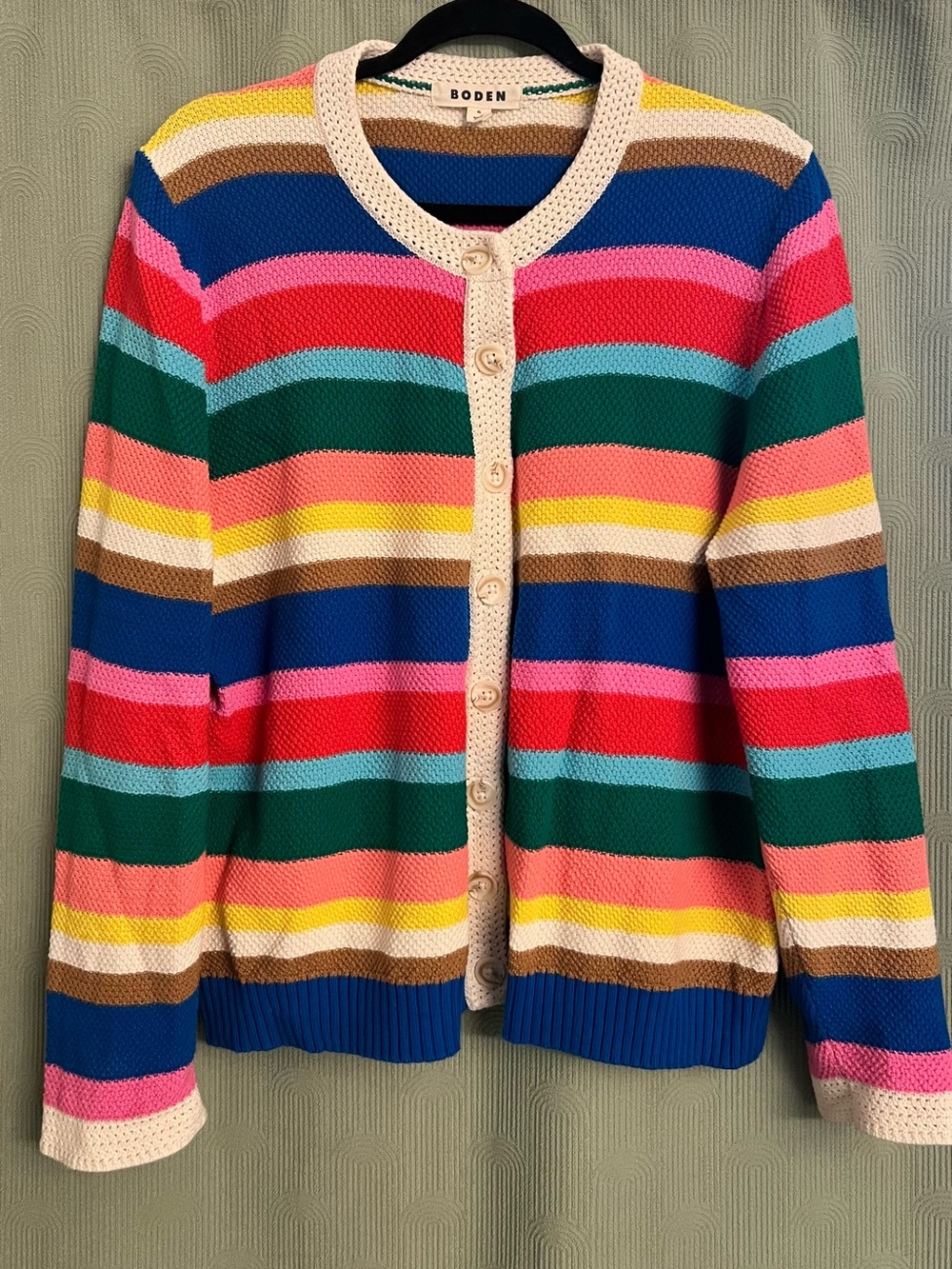 Boden Cream-Trim Multicolor Stripe Cotton Cardigan